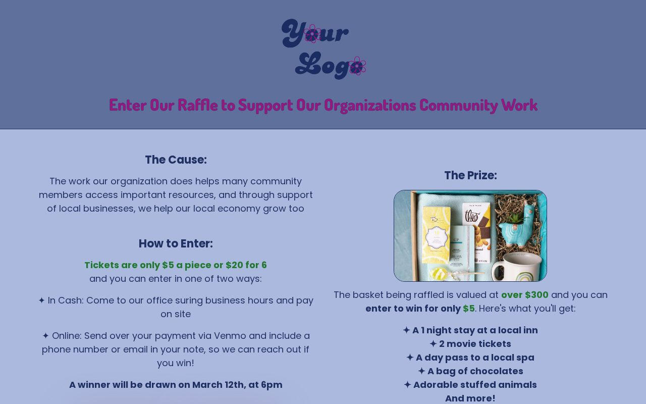 1-page informational site for fundraising events